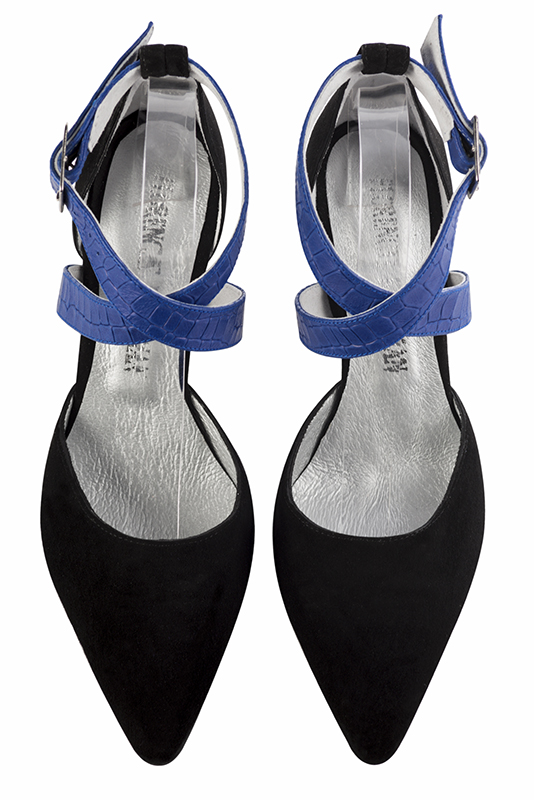 Matt black and electric blue women's open side shoes, with crossed straps. Tapered toe. Very high kitten heels. Top view - Florence KOOIJMAN